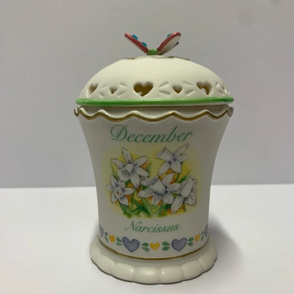 Vintage Avon December Narcissus Birth Flower Ceramic Candle Jar Butterfly Lid